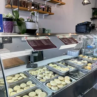 a display of pastries in a bakery