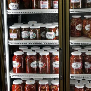 a refrigerator full of kimchi