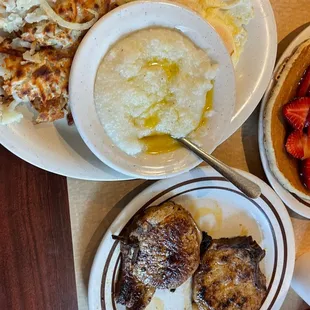 Pork Chops and Eggs, with 1/2 grits, 1/2 hash browns