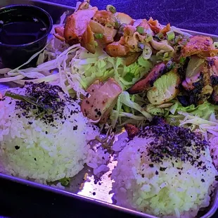 Huli huli chicken plate: Mac salad, furikake rice, shoyu sauce, and lots of crunchy cabbage