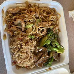 Broccoli Beef with fried rice and chicken chow mein
