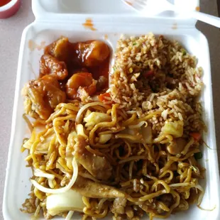 Chicken chow mein, pork fried rice and sweet &amp; sour pork