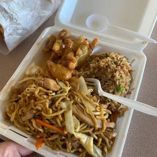 Lemon chicken, chow mien and fry rice