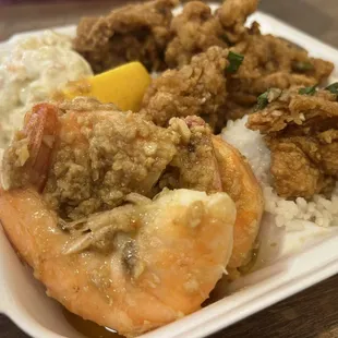 Garlic shrimp and garlic chicken combo plate. The shrimp are ginormous! So tasty and the macaroni salad was delicious.