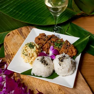 Garlic Furikake Chicken Plate with white rice and Tuna Mac Salad