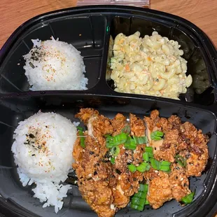 Garlic Furikake Chicken with rice and Mac salad