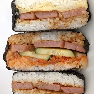 egg, cucumber, and original spam musubi. we would have liked it more with less rice
