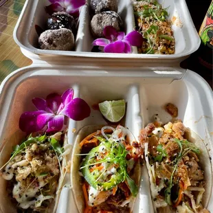 Ube Mochi Churro Bites (top left), Hapa Corn (top right). Tacos (left to right): Miso Mushroom Taco, Bulgogi &amp;  Huli Style Chicken