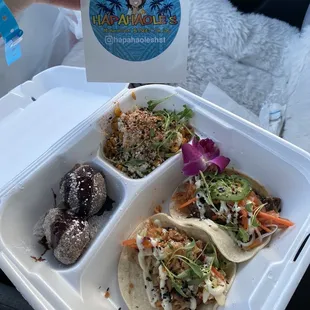 chicken street taco, beef bulgolgi street taco, ube churro bites, hapa corn