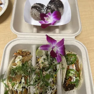 2 tacos, street corn, and donuts