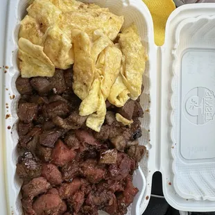 So much food garlic rice under the meats. Tasty and filling