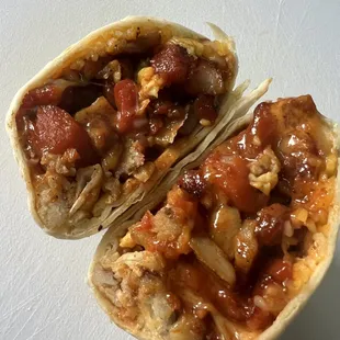 Hapapino Breakfast Burrito.  This one has chicken tocino, potato, egg, and hapapino sauce