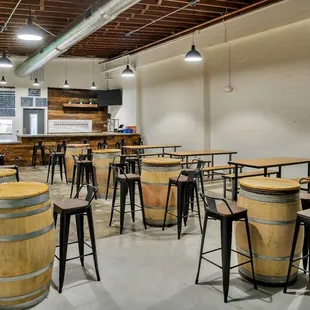 a large room with tables and stools