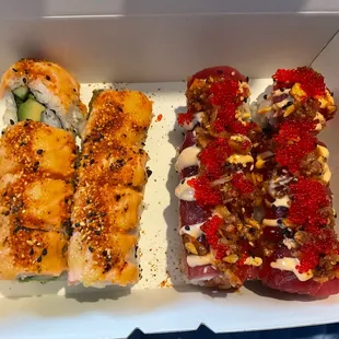 Lilikoi Miso Salmon Roll on the left and the Kilauea Roll on the right