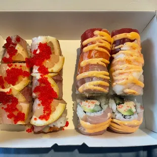 Citrus Sunset on the left and Forbidden Rainbow Roll on the right