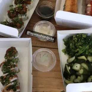 a variety of sushi dishes