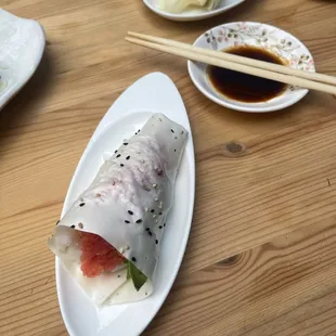 Spicy tuna hand roll with a side of ponzu sauce. 10/10