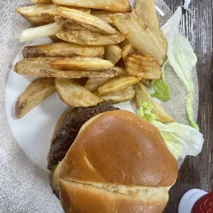 a hamburger and french fries