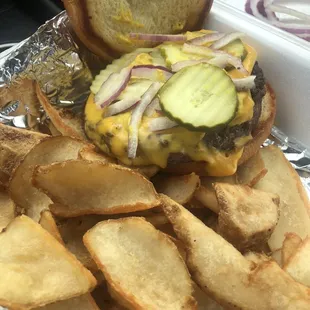 a cheeseburger and fries