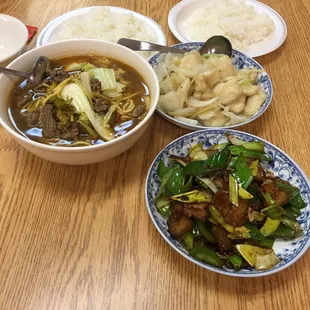 Beef Noodle Soup with Pickled Veggies, Ginger Garlic Fish, and Pork Cooked with Fermented Bean Paste and Dry Chilis