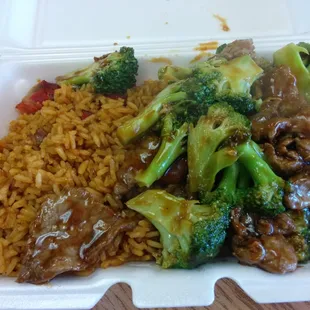 Beef with broccoli and pork fried rice