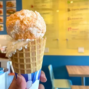 1 scoop of Orange Vanilla and 1 Scoop of Vanilla Ice Cream.