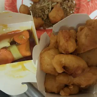 The food was bland. I ordered orange chicken and this is what they gave me. This isn&apos;t orange chicken at all.