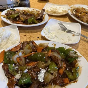 Pepper Steak, Szechuan Beef, and orange chicken.