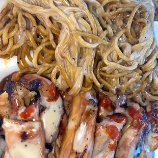 Chicken &amp; Yakisoba (with salad dressing and Sriracha)