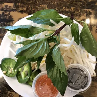 Everyone gets their own plate of veggies and sauce with pho