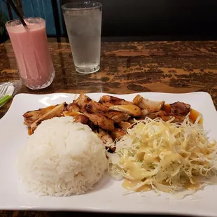 chicken teriyaki and strawberry smoothie