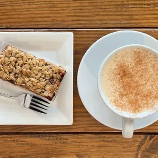 Gluten-Free and Vegan Oat bar, SO popular!  Cafe au Lait (house coffee steamed with milk)