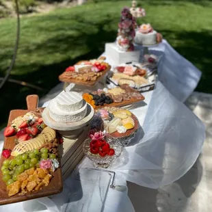 Grazing table with a donut hole tower as well as a donut tower and a cake that she help decorate!