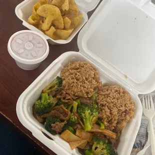 Beef and broccoli with crab rangoon