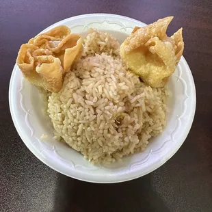 Fried rice and two crab Rangoon.