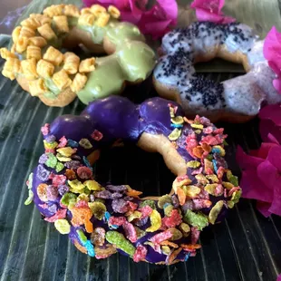 Ube mochi donuts that are gluten free, crunchy, and chewy