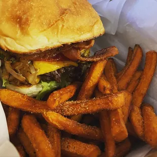 a basket of fries and a burger