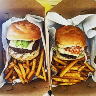 two burgers and french fries