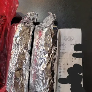 $11.55 for two (not-so) baby shredded chicken, refried beans &amp; rice burrito + hot sauce on the side - CHEAP! =D