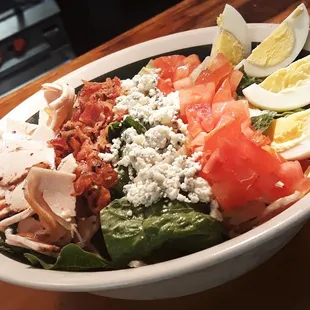 Turkey Cobb Salad-smoked turkey, bacon, blue cheese crumbles, diced tomato, and hard boiled egg