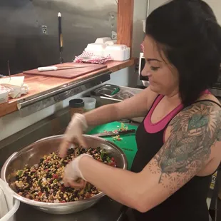 Prepping the black bean corn salsa