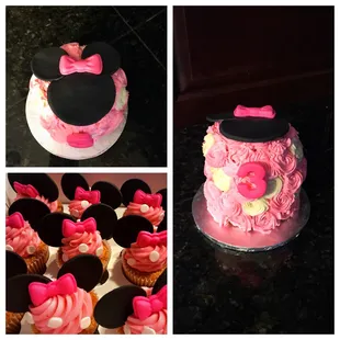 a minnie mouse cake and cupcakes