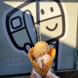 Coffee Oreo and Mint Brownie on a freshly made waffle cone