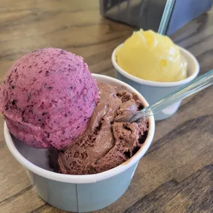 Blueberry lemon sorbet on top, dark side on the bottom