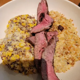 Steak plate with cauliflower risotto and corn quinoa