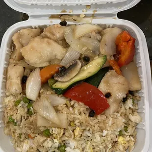 Fish with black bean sauce and veggies over fried rice