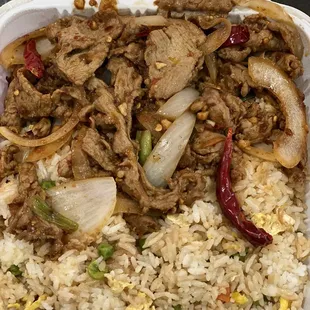 Mongolian beef to-go.  The sauce was a bit disappointing and dry.  It tastes nothing like the traditional Mongolian beef sauce that I like.