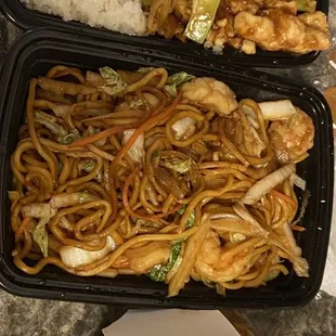 Chicken and broccoli, shrimp lo mein, and veggie fried rice!