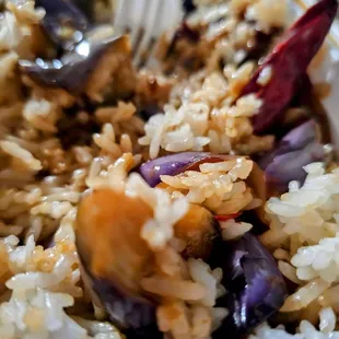 Eggplant in garlic sauce with white rice.