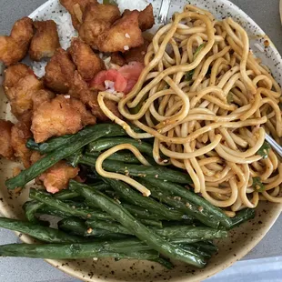 Spicy ginger chicken, dry sauteed string beans, Sichuan cold noodles.